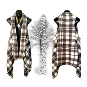 GROOVY GLAM Grey & White Plaid Handmade Teddy Plush Waterfall Vest